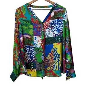 Alberto Makali Colorful Animal Print Patch Blouse Sz M Ruffle Back